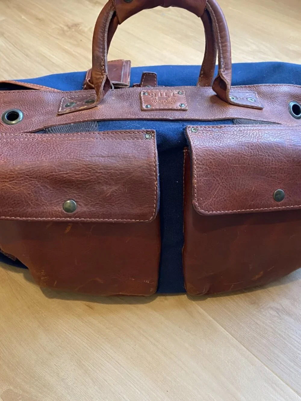 Huckberry Will Leather Good Traveler Duffle Navy Tan With Strap and Luggage Tag